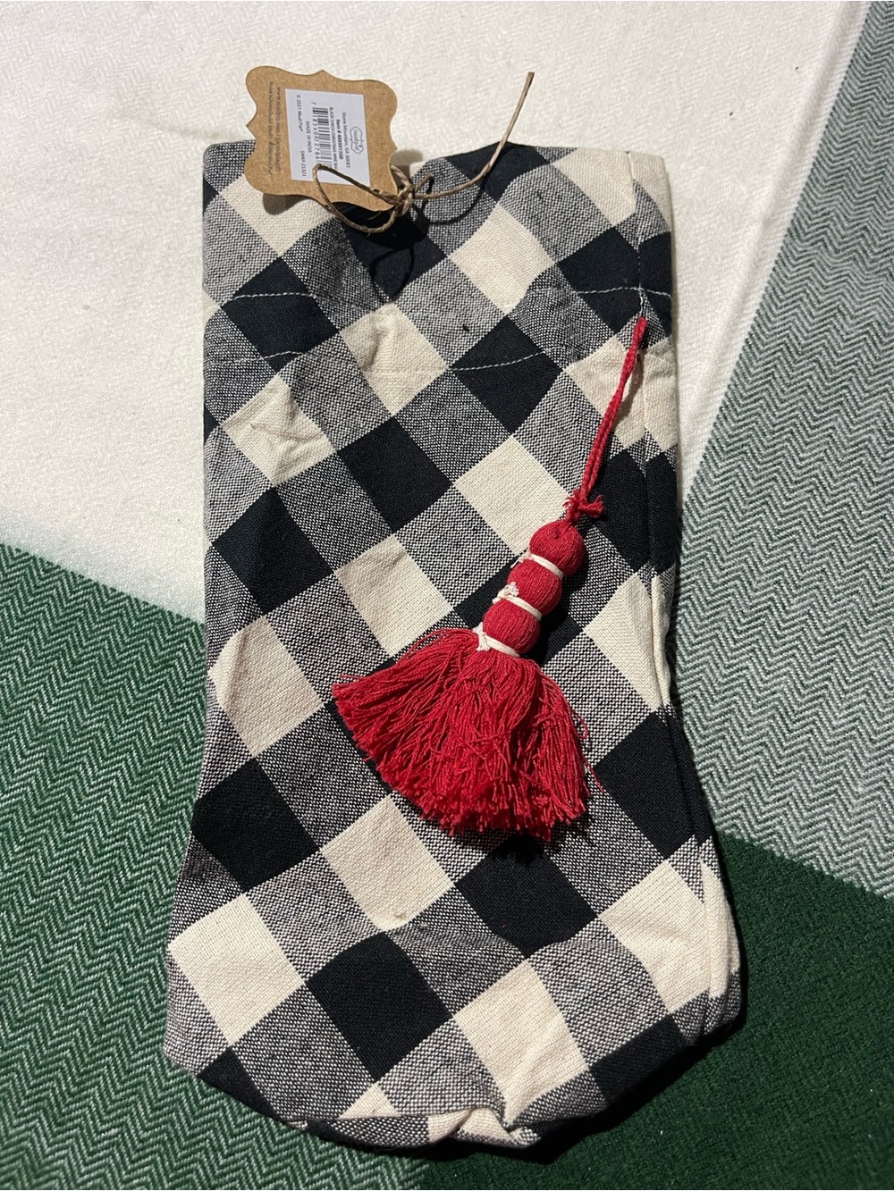 Mud Pie Black Check Christmas Wine Bag